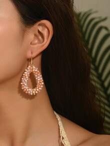 1 Paar handgefertigte, boho-stil Ohrringe mit simulierten Kristallen und Saatperlen, vintage elegante geometrische Wassertropfen Form Mode Ohrringe, geeignet für Feiertage, Hochzeiten, Festivals, Freunde & LiebesPaar Geschenke, Damen Alltag, Urlaub, Party-Outfit (Handarbeit Samenperle Farbe & Position zufällig) - Pink - Übersicht 3