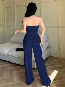 abyoxi 藏蓝色不对称扭腰吊带背心+阔腿裤两件套，条纹提花面料，休闲时尚，适合年轻女士春夏日常通勤穿着 - 藏蓝色 - 查看 2