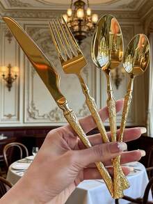 4/24pcs Creative Hammer Design Handle High Quality Stainless Steel Cutlery Set Including Dinner Spoon, Tea Spoon, Dinner Fork, Dinner Knife, Reusable Cutlery Set, Luxury Tableware Set, Suitable For Home, Restaurant, Hotel, Party, Wedding, Holiday, Family Gathering, Housewarming, Easter, Mother's Day And Other Occasions, Exquisite Kitchen Accessory - Gold - View 9