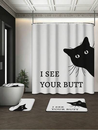 4Pcs Funny Black Cat "I See Your Butt" Shower Curtain Set, 72x72in Waterproof Polyester, With Mat Set & 12 Hooks, Humorous Bathroom Decor
