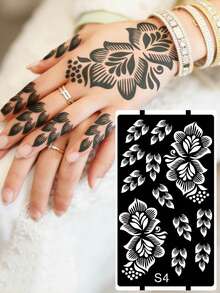 Hana Hand-Drawn Hollow Floral Tattoo Stencil - Sexy Floral Pattern, Suitable For Hands, DIY Painting, Ink, Reusable Mandala Design Template Sticker, Suitable For Women Body Party Makeup - Black - View 1
