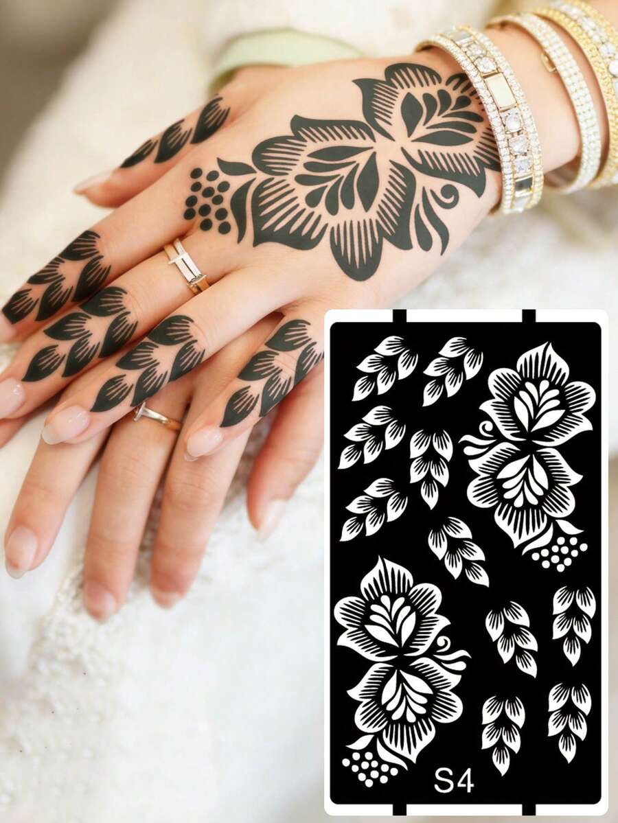 Hana Hand-Drawn Hollow Floral Tattoo Stencil - Sexy Floral Pattern, Suitable For Hands, DIY Painting, Ink, Reusable Mandala Design Template Sticker, Suitable For Women Body Party Makeup - Black - View 1