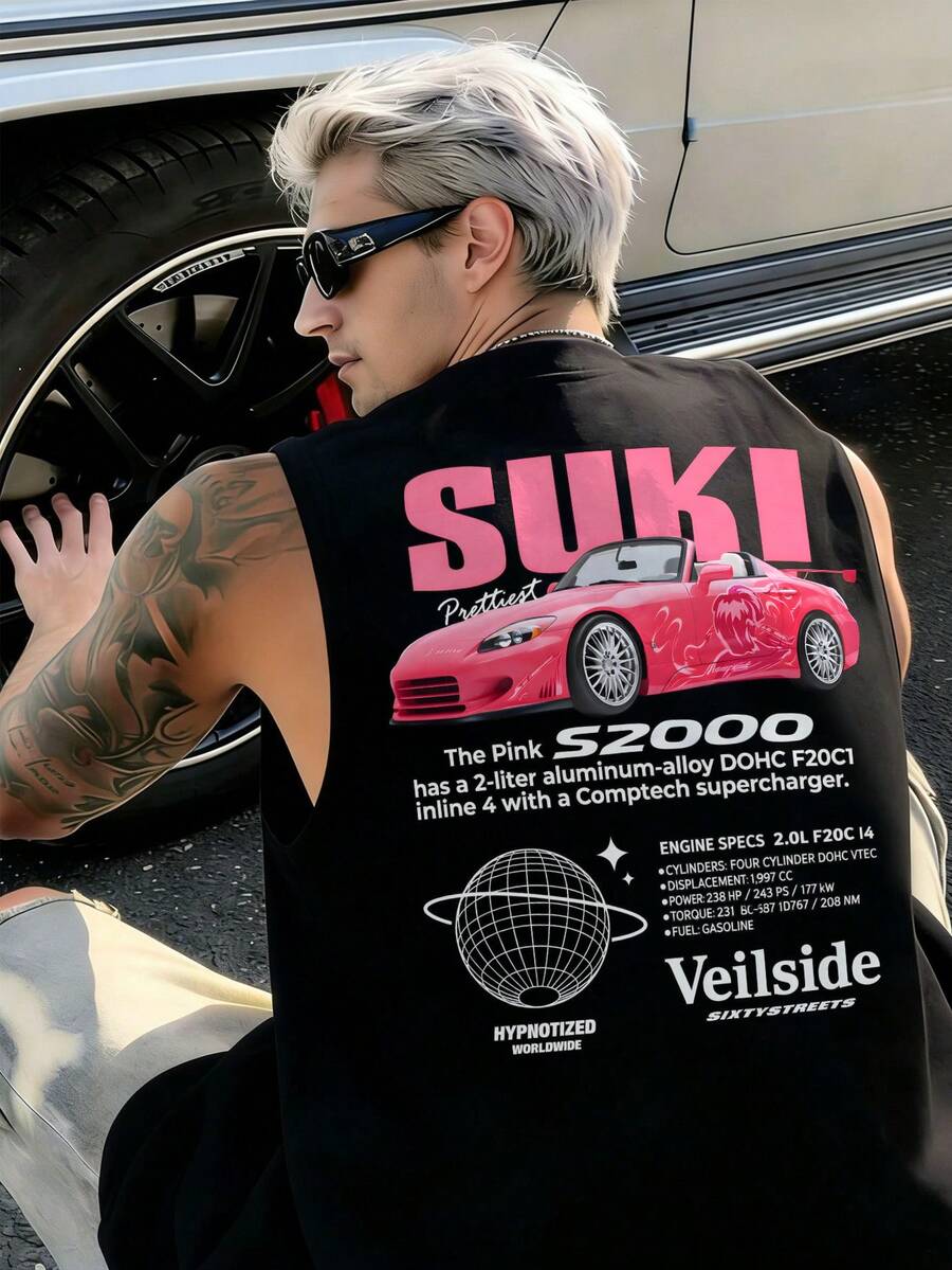 Fractyr Men's Fashion Casual Streetwear Vest | Racing & English Element Prints | Exquisite Design | Summer Must-Have | Versatile And Easy To Wear, Cotton Texture | The Best Gift For Friends | Showcase Your Unique Personality - Black - View 1