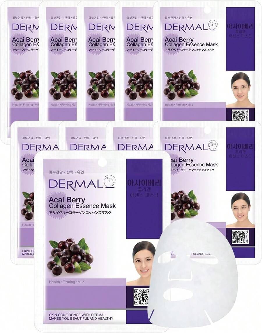 DERMAL Korea - 10 Mascarillas Faciales: Mascarilla de Esencia de Colágeno con Arbutina| Paquete de 10 Mascaras Coreanas con Arbutina, Colágeno y Vitamina E. Piel Radiante