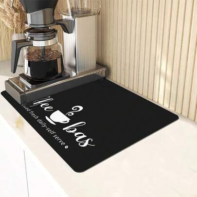 1pc Black Coffee Bar Printed Kitchen Counter Dish Drying Mat, Super Absorbent With Anti-Slip Rubber Backing, Multipurpose Mat For Coffee Maker
