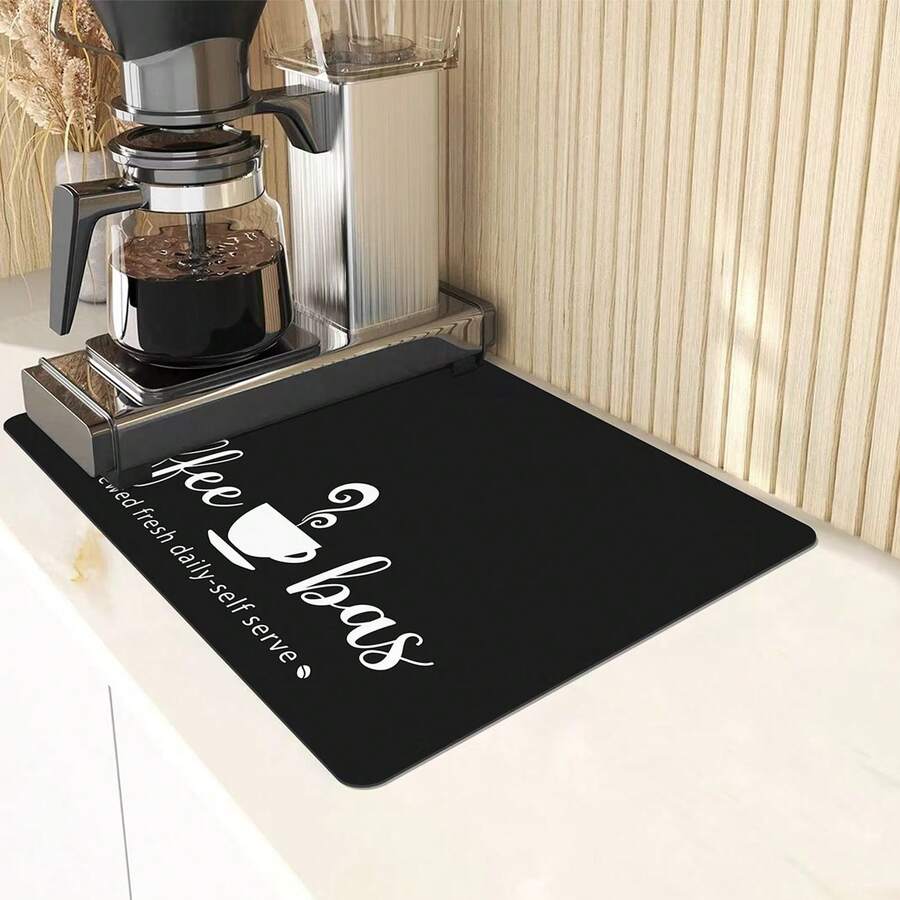 1pc Black Coffee Bar Printed Kitchen Counter Dish Drying Mat, Super Absorbent With Anti-Slip Rubber Backing, Multipurpose Mat For Coffee Maker - Multicolor - View 1