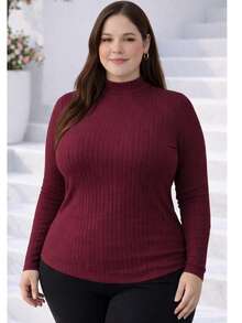 Women's Plus Size Long Sleeve Blouse With Medium High Ribbed Neck, Premium Comfortable Viscose - 紫紅色 - 查看 6