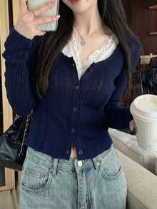 春夏新款镂空针织开衫，设计精巧的小码短款长袖上衣，温柔优雅，适合通勤和约会穿着。 - 寶藍色 - 查看 1