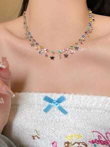 1 pieza Collar de cadena con colgante de mariposa con diamante de imitación de colores de moda para el verano para mujeres (combinación de colores de diamante de imitación al azar) - Multicolor - Ver 4