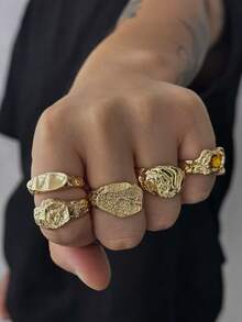 5pcs Fashion Punk Liquid Geometric Metal Rings, Inlaid With Rhinestones, Adjustable Knuckle Rings - Gemstone Matte Ring - View 1