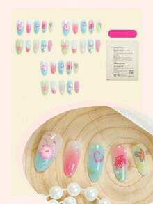 10pcs Ombre Almond Shaped Nail Stickers, 3D Flower & Butterfly Decor, Wavy Line Art Design, Rhinestone Embellished, Glossy Finish, Full Coverage False Nails, Suitable For Women & Girls Daily Wear Nail Supplies - 多色 6 - 查看 9