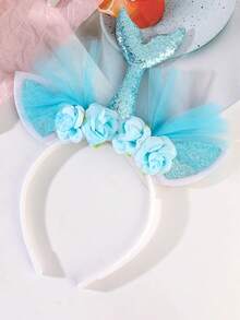 1件梦幻美人鱼闪光发箍，花朵薄纱装饰，可爱甜美发圈 - 彩色 - 查看 14