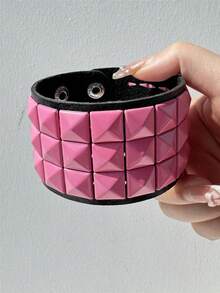 1件朋克粉紫心形铆钉不对称几何宽手链，夸张皮革树脂材质，适合日常、派对、度假佩戴 - 彩色 - 查看 7