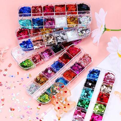 SMI Fine A 12-Grid Box Filled With Epoxy Resin, Featuring A Mix Of Large And Small Hearts, Butterflies, Stars And Letters With Sequins In Regular Colors, DIY Crafts Clothing Tumblers Shoes Fabric Nail Art