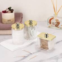2/3 Pcs Cotton Swab Storage Box Bathroom Set, Includes Gold/Silver Tray, Acrylic Plastic Pill Jars And Covered Cotton Swab Dispenser - Multicolor - View 2
