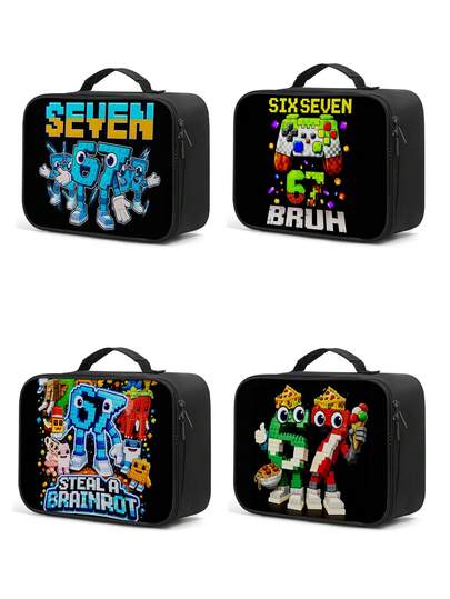 Six Seven Robot Print Square Lunch Bag, Children's Mechanical Pattern Outdoor Picnic Lunch Box, School Lunch Box, Easy To Clean And Carry