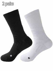 1/2 Pairs Thick Terry Cushion Sports Socks, Elite Basketball Socks, Breathable Men's Crew Length Socks, Seamless Athletic Running Socks - Black and White - View 12