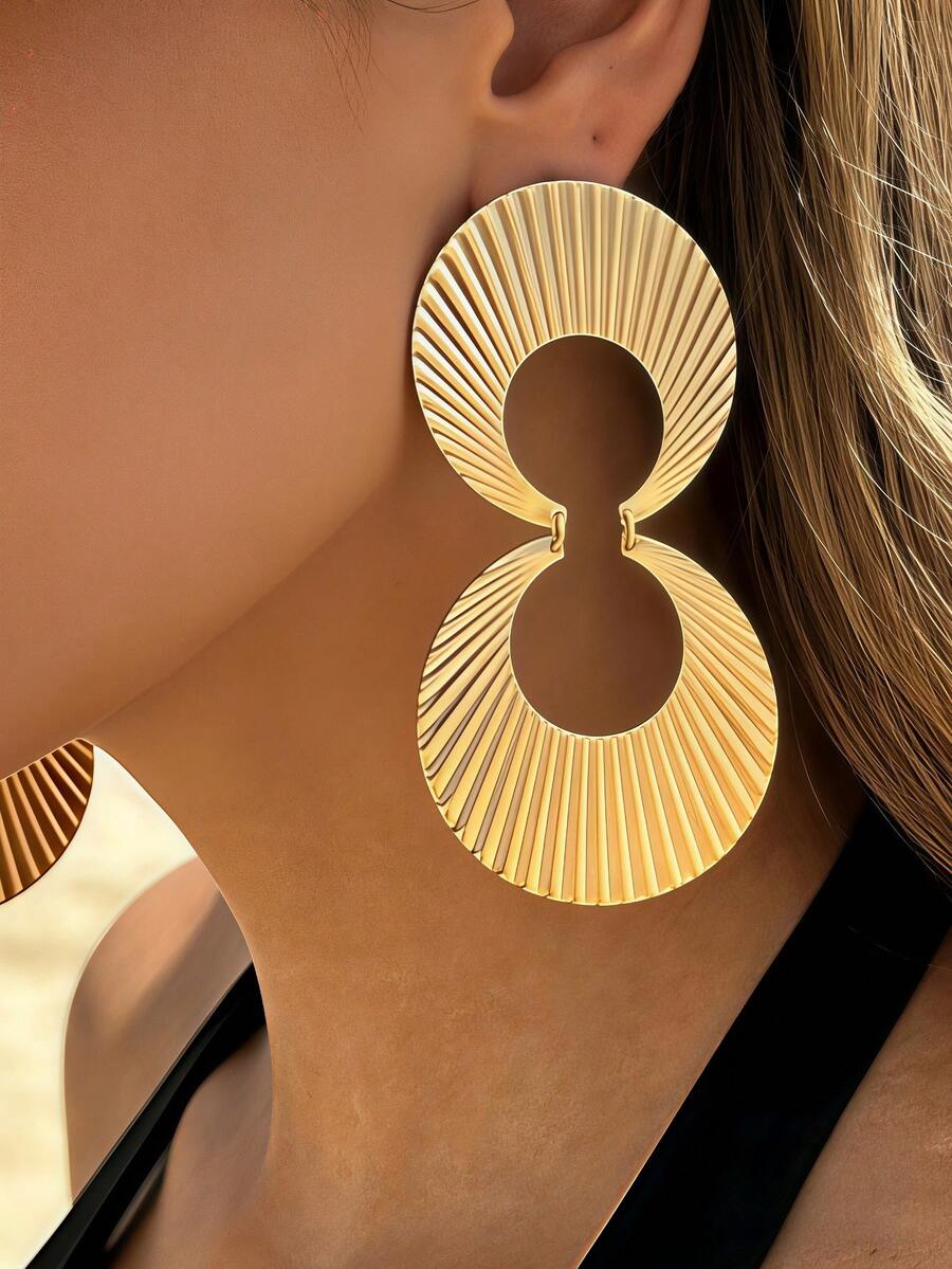 1 Pair Minimalist Metal Smooth Radial Texture Double Circle 8-Shaped Earrings, Suitable For Summer Party Chic Outfit - Yellow Gold - View 1