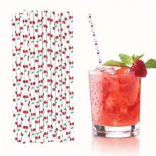 50/100 Peças Canudos de Papel com Padrão de Cereja de Fruta de Verão, Para Decoração de Bebidas, Natal, Ano Novo, Dia dos Namorados, Presentes de Formatura, Material - Visão 4