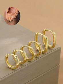 6pcs Women's Fashion Minimalist Wide Hoop Earrings Set, Copper Zirconia Bling Bling Embedded, Low Allergy, Small Delicate Hoops, Lightweight Petite Design, Versatile, Suitable For Multiple Ear Piercings - Yellow Gold - View 8