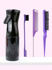 4pcs Spray Bottle & Comb Set, Includes 1 Spray Bottle, 1 Tail Comb, 1 Eyebrow Brush, 1 Volumizing Brush, Unisex, Wet & Dry Use, Suitable For Curly, Parting, Coarse & Fine Hair Care, Makeup, Black 5pcs, Christmas/Back To School Gift Set YB17 - 4 chiếc màu đen + tím - Xem 12