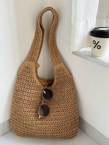 Summer Handmade Woven Straw Tote Bag, Women's Shoulder Bag, Casual Vacation Style, Large Capacity - Multicolor - View 3