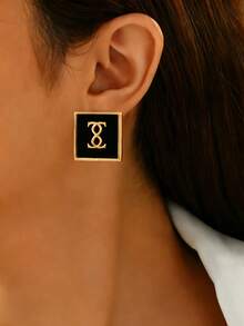 一对黑色水滴墨水字母耳钉，简约金色几何方形无限符号耳环，精致日常、派对、节日珠宝礼物 - 黑色 - 查看 4