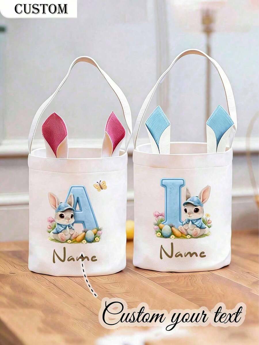 个性化复活节兔子手提袋 - 可定制姓名复活节彩蛋寻宝礼品袋,饰有兔子和彩蛋图案,派对礼品袋,春季篮子填充物(可添加您的名字) - 彩色 - 查看 1