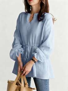 女士V领抽绳腰带衬衫，新款复古休闲宽松长袖系带上衣，春夏款 - 淺色水洗藍 - 查看 5