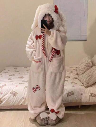 Cute Bow Hooded Pajamas, Women's Winter Adorable Rabbit Ear Red Bow Fluffy Bathrobe, Warm Coral Fleece Loose Comfortable Sleepwear, Hooded Coral Fleece Robe, Rabbit Ear Design, Cartoon Cute Style Women Casual Loungewear Set, Comfortable Women Homewear