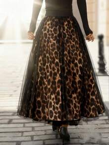 Plus Size Women's Leopard Print Casual Versatile Daily Outing Contrast Mesh Fashion Skirt Vacation - Multicolor - View 5