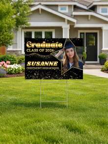 Customized Graduation Backdrop Fabric, Black & Gold Themed Printed Poster With Customizable Class Name. 2026 Graduation Banner - Black & Gold Background, Personalized Graduation Lawn Sign With Photo, Double-Sided Waterproof Sign, Graduation Party - Multicolor - View 6