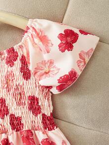 Toddler Girls' Orange Floral All-Over Print Sleeveless Romper, Spring/Summer - Orange - View 4