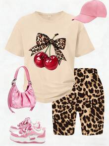 2pcs/Set Girls Loose Short Sleeve Set, Printed With Leopard Print & Cherry Pattern, Paired With Leopard Print Leggings, Fashionable Summer Outfit - Multicolor - View 3