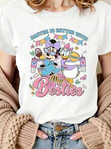 Disney Easter Minnie Mouse "Easter Is Better With My Besties" Graphic T-Shirt, Casual Pure Cotton Round Neck Short-Sleeved Women's Top, Suitable For Women's Best Friend Outfits, All Seasons, Suitable For Everyday Wear, Outings, Commuting, Parties. - White - View 1