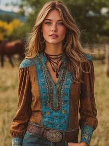 女士波西米亚复古风夏季服装，女士时尚多功能撞色印花荷叶边V领长袖休闲度假衬衫 - 彩色 - 查看 6