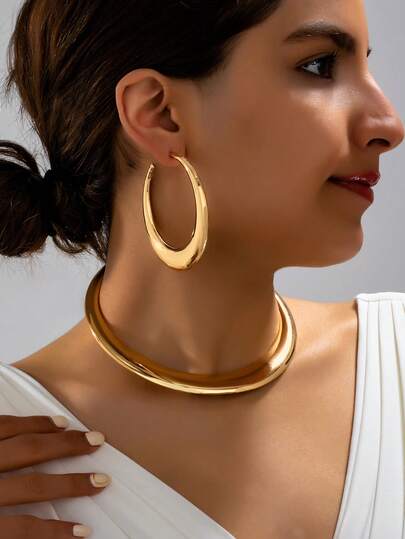 Women's Jewelry Set, Minimalist Smooth Choker Necklace & Hoop Earrings, Suitable For Daily Wear And Vacation