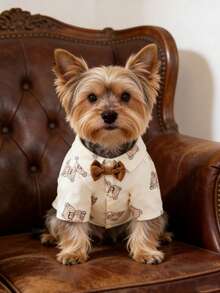 1pc Pet Dog Clothes With Cute Bear Print Pattern, Stylish Bow Tie Shirt, Suitable For Small Dogs, Wearable All Seasons - Beige - View 16