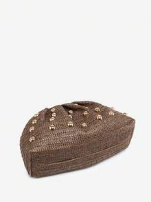 1 pieza Bolso de mano plegable de mujer con estilo de vacaciones en la playa, decoración de remaches, retro, minimalista, adecuado para uso diario, playa, fiesta, vacaciones - Café - Ver 6