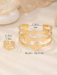 Set de 2 piezas de brazalete y anillo con diseño exagerado de estrella y luna, ajustable, adecuado para uso en fiestas y días festivos de mujeres - Dorado - Ver 2