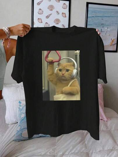 Damen Sommer Katzen-Muster lässiges, einfaches, luftiges, bequemes, modisches T-Shirt mit Rundhalsausschnitt und Kurzarm