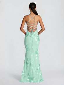 Shiny Cream Yellow Floral Embroidered Elegant Sexy Backless Party Dress, Suitable For Formal Occasions, Anniversary, Graduation, Party - Mint Green - View 5