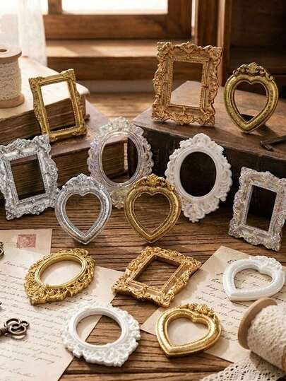 12pcs Vintage Victorian Style Mini Photo Frames Decor, Retro Mini Photo Frame Shooting Props, DIY Decor Props For Shooting Scene, Dollhouse Accessories, DIY Mini House Furniture Model, Handcraft Hobby, Mini Decor, Creative Display, Jewelry Positioning Frame, Jewelry Display Props, Gift For Birthday, Graduation