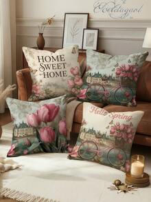 Bộ 4 vỏ gối trang trí họa tiết hoa mùa xuân hình xe đạp, màu hồng và be, in một mặt, thích hợp trang trí phòng khách, phòng ngủ, ghế sofa, giường (không bao gồm ruột gối) - Màu Hồng baby - Xem 1