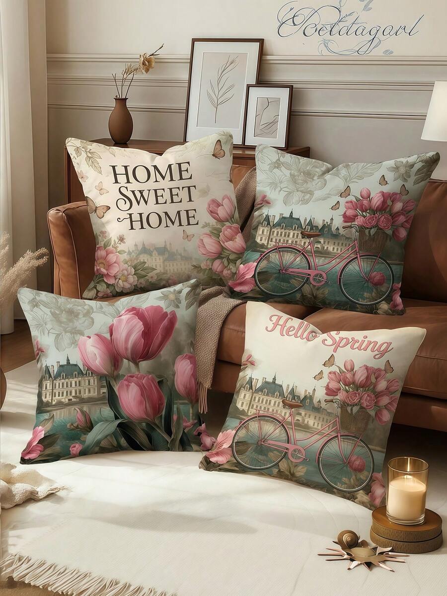 Bộ 4 vỏ gối trang trí họa tiết hoa mùa xuân hình xe đạp, màu hồng và be, in một mặt, thích hợp trang trí phòng khách, phòng ngủ, ghế sofa, giường (không bao gồm ruột gối) - Màu Hồng baby - Xem 1