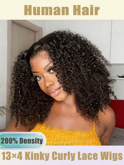 16英寸蓬松卷曲波波头假发，200%密度真人发，预先拔毛的13x4蕾丝前假发，自然色，造型百变。这款女士蓬松卷曲真人发假发易于造型，适合所有浅米色调，可出席休闲和正式场合，佩戴舒适自然，无需打理，是休闲装扮或特殊场合的完美之选，适合所有浅米色调和年龄段。