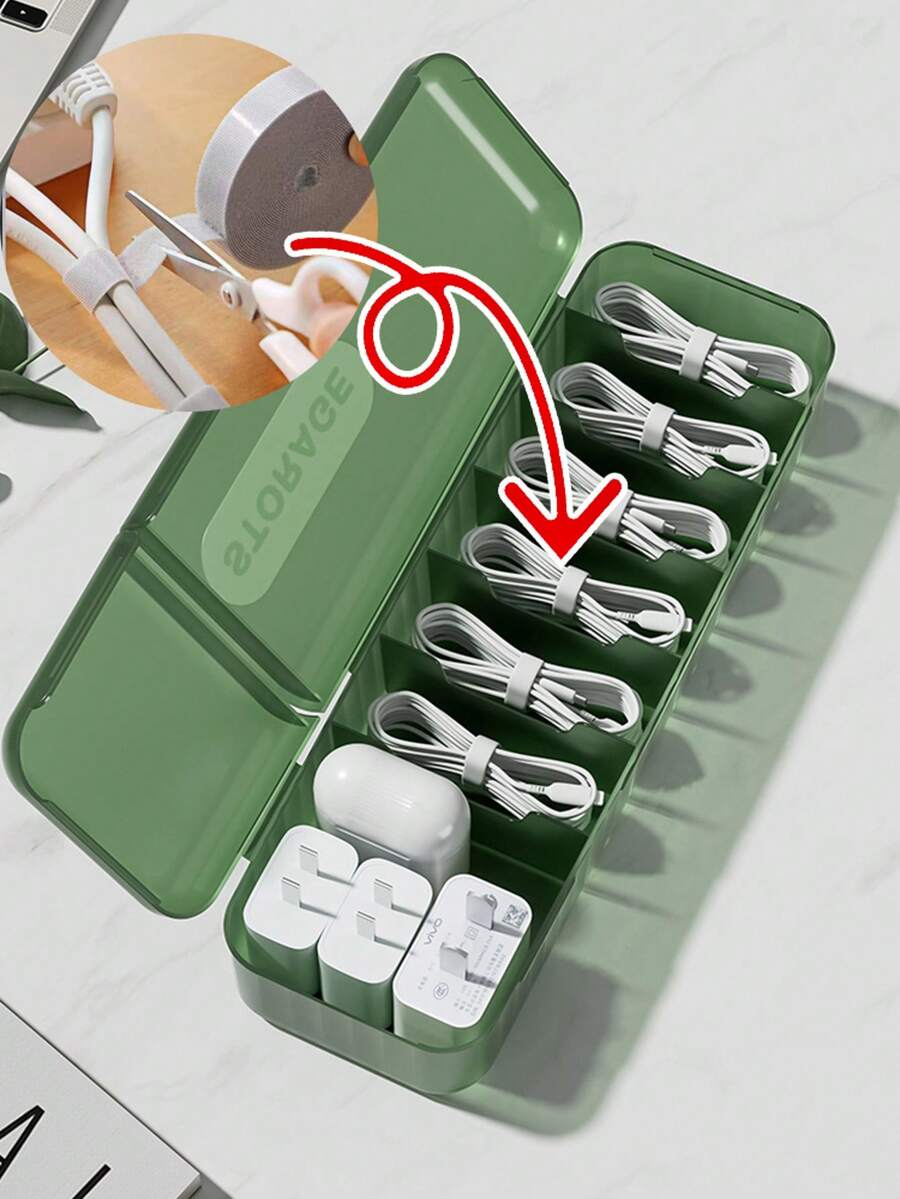 1个塑料线缆管理盒，带7个隔层，可重复使用，用于整理充电器和数据线，家用和办公用线缆收纳盒 - 彩色 - 查看 1