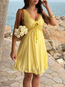 Vestido feminino de cor sólida com babados, decote coração e amarração na cintura, sem mangas, para festas e verão. Elegante e perfeito para o verão. - Amarelo - Ver 10