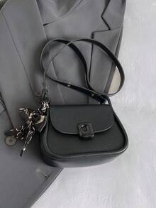 1 件复古纯色软边 PU 马鞍包迷你磁扣翻盖肩带可调节肩包，适合女士日常休闲使用 - 黑色 - 查看 6