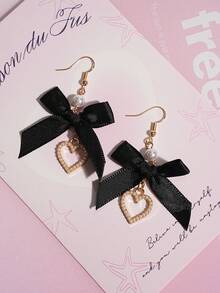 1 par de pendientes con colgante de corazón rosa y lazo de perlas falsas, joyería de moda adecuada para fiestas de mujeres (sin tarjeta) - Multicolor - Ver 10